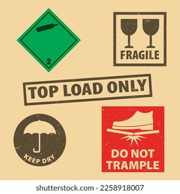 Set of fragile sticker Keep Dry, Fragile icon packaging symbols sign, Do Not Trample rubber stamp on cardboard background, vector illustration. Use on package. EPS10.