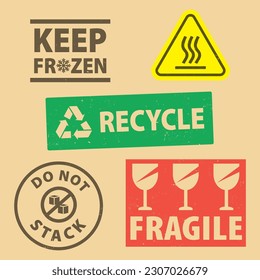 Set of fragile sticker keep frozen and case icon packaging symbols sign, recycle package rubber stamp on cardboard background, vector illustration. Use on package.