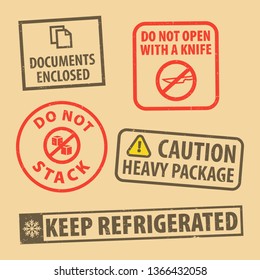 Set of fragile sticker keep refrigerated and case icon packaging symbols sign, do not stack, and caution heavy package rubber stamp on cardboard background, vector illustration. Use on package.