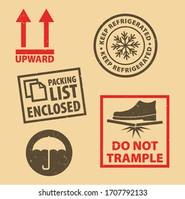 Set of fragile sticker Keep Refrigerated icon packaging symbols sign, Do Not Trample rubber stamp on cardboard background, vector illustration. Use on package. EPS10.