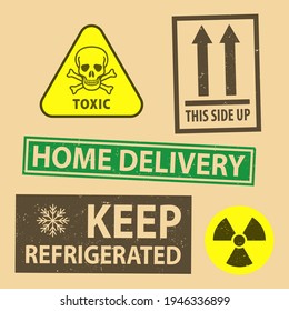 Set of fragile sticker keep refrigerated and case icon packaging symbols sign, Home delivery, toxic rubber stamp on cardboard background, vector illustration. Use on package. EPS10. 