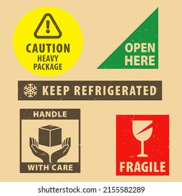 Set of fragile sticker keep refrigerated and case icon packaging symbols sign, open here and caution heavy package rubber stamp on cardboard background. Use on package.