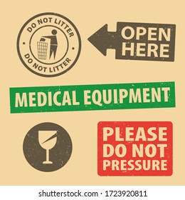 Set of fragile sticker Medical Equipment icon packaging symbols sign, Do Not Pressure, Open Here rubber stamp on cardboard background, vector illustration. Use on package. EPS10.