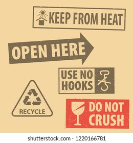 Set of fragile sticker open here and case icon packaging symbols sign, keep dry,  and this side up rubber stamp on cardboard background, vector illustration. Use on package.