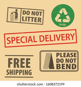 Set of fragile sticker special delivery and case icon packaging symbols sign, do not bend rubber stamp on cardboard background, vector illustration. Use on package. EPS10.