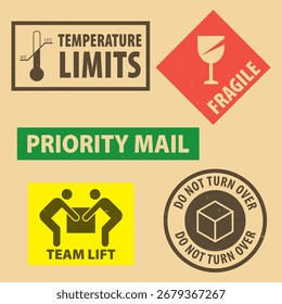Conjunto de adesivo frágil Limites de temperatura e ícone do caso símbolo de embalagem, Não vire o carimbo de borracha no fundo do cartão, ilustração vetorial. Usar no pacote.