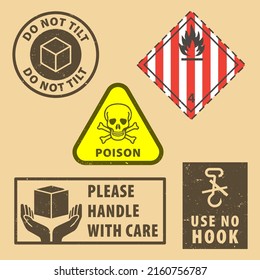 Set Of Fragile Sticker Use No Hook And Case Icon Packaging Symbols Sign, Do Not Tilt And Handle With Case Rubber Stamp On Cardboard Background. Use On Package.