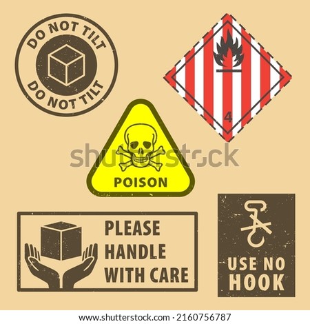 Set of fragile sticker use no hook and case icon packaging symbols sign, do not tilt and handle with case rubber stamp on cardboard background. Use on package.