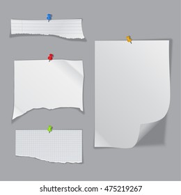 A set of the fragmentary, crumpled pieces of paper pinned on a wall with a gray background. The isolated clean standard sheets. A vector illustration of realistic, pure pieces with a shadow.