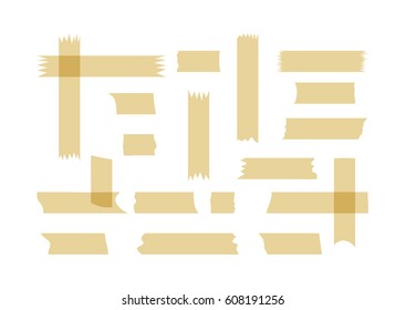 A set of fragments of adhesive tape. Small and large ragged pieces. Twenty horizontal and vertical scraps. Isolated on white background. Vector illustration.