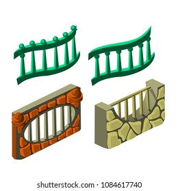 A set of fragments of fences isolated on a white background. Vector cartoon close-up illustration.