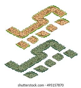 The set of fragments of tracks made of stone isolated on white background. Vector illustration.