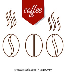 Set of fragrant brown lines coffee beans. Flat cartoon coffee beans illustration. Objects isolated on a white background.