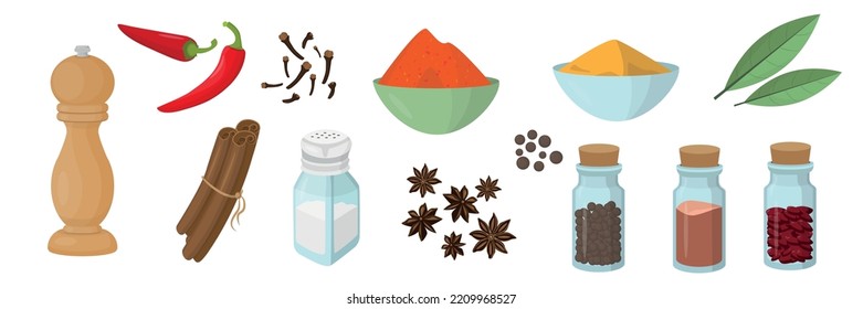 Conjunto de especias aromáticas al estilo de las caricaturas. Ilustración vectorial de varias especias como chili, clavos, cúrcuma, palos de canela, sal, pimienta y muchas más sobre fondo blanco.