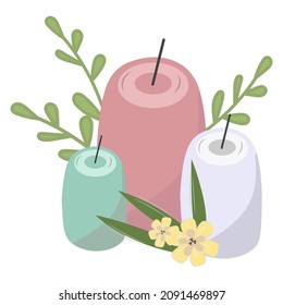 Set of fragrant vanilla candles. Three candles are decorated with green sprigs and vanilla flowers. Pink, green, blue paraffin or wax. For relaxation spa intimacy romance. Isolated vector flat design.