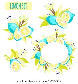 Set with frame and arrangement of lemons, leaves and flowers in bright unusual colors. Vector illustration.