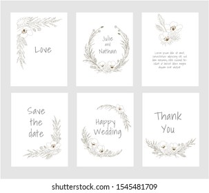 SET OF FRAME AND ARRANGEMENT OF WILD GRASS AND DRIED FLOWER IN LINE ART STYLE ILLUSTRATION