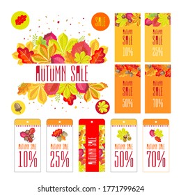 Set with frame Autumn Sale with bright autumn leaves of oak, chestnut, hazel, acorns, hazelnut, horse chestnut, with tags and cards. Vector illustration in flat style on a white background isolated.