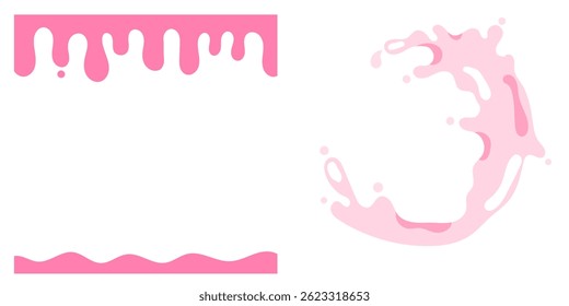 Set of frame borders with melting yogurt or milk and dynamic splashes in motion, creamy liquid design elements for dairy or dessert concept flat vector illustration
