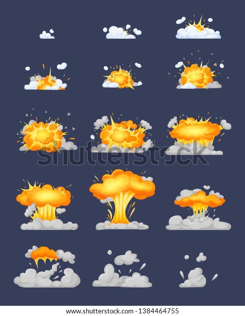 Set of frame comic animation with effect of fun
explosion, divided into separate scenes framed artwork. Fire smoke,
nuclear explosion, burning with elements flame, particles. Vector
cartoon animation