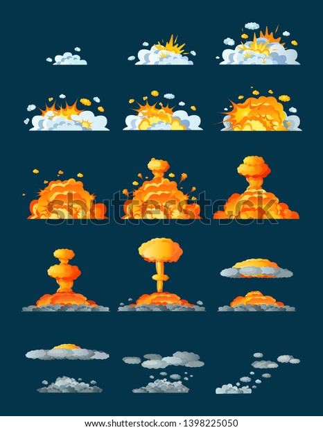Set of frame comic animation with effect of fun\
explosion, divided into separate scenes framed artwork. Fire smoke,\
nuclear explosion, burning with elements flame, particles. Vector\
cartoon animation