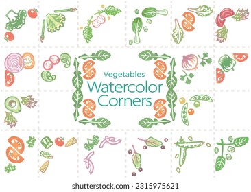 Set of frame corners with various vegetables. Watercolor. Vector illustration.