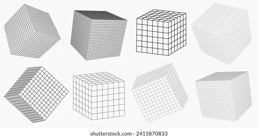 A set of frame cubes from different sides. Vector abstract geometric 3D objects. Black and white wireframe figures cubes of different line thicknesses and different cell sizes