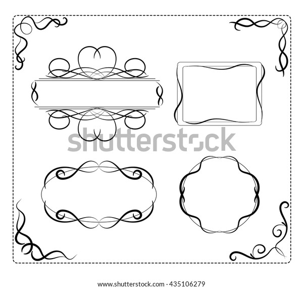 Set of frame decoration line drawing design wedding\
elements vintage dividers in black color. Vector illustration.\
Isolated on white background. Can use for birthday card, wedding\
invitations. 