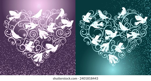 Set of frame design heart shape. Vector banner for greeting card with cute valentine day elements purple and dark green colors. Elegant collection template with heart, bird, snow, snowflake, glitter.