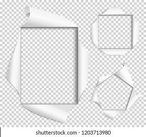 Set frame with different curved edges of paper. Design element poster, banner, invitation, booklet. Vector