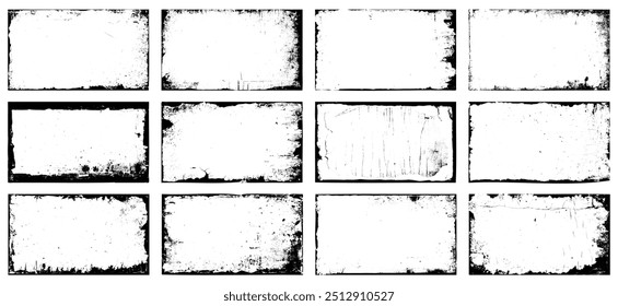 Conjunto de molduras de textura preta angustiada diferente. Texturas vetoriais de sobreposição de angústia. Conjunto de quadros abstratos pontilhados. Textura de sobreposição angustiada.	