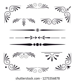 set of frame elements with elegant swirls, text separetors in art deco style, set of vintage text dividers,  decoration for paper documents, line and waves vector isolated, design elements