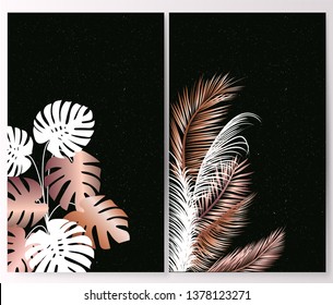 Set frame. Foliage with monstera and palms. Botanica background. Invitation with jungle leaves. Vector illustration