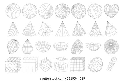 Ein Satz geometrischer Rahmenformen. Oberflächengitter und Kugel, Würfel, Konen, Hemisphären, Herz. Retro futuristische Gitter, 3D-Mesh-Objekte. Isolierte Vektorgrafik-Elemente, inspiriert vom Cyberpunk-Stil