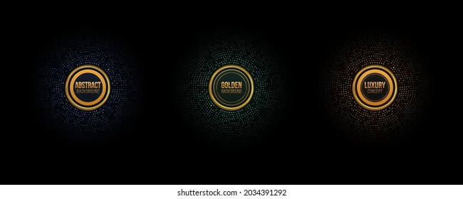 Set of frame with gold glitter halftone dotted. Abstract Circular Retro Pattern. Golden circles, dots pattern, vector, grunge.