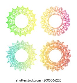 Set of frame gradient mandalas on white background. Green, blue, yellow, red color. Boho concept. Indian yoga template. Vector graphic elements for logo, t shirt print. 