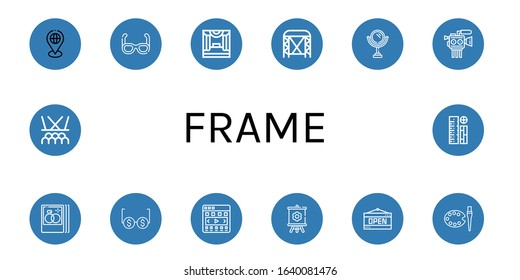 Set of frame icons. Such as Placeholder, Sunglasses, Stage, Mirror, Cinema camera, Wedding photo, Glasses, Carousel, Canvas, Open, Art, Rulers , frame icons