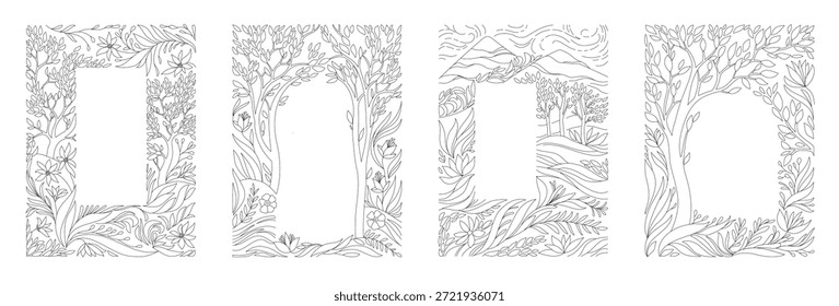 Conjunto de marco ilustrado con Elementos florales y paisajistas. Elegante colección de folletos para invitación de boda, arte de Fondo de pantalla Guardar o la tarjeta de fecha. Vector de trazo editable