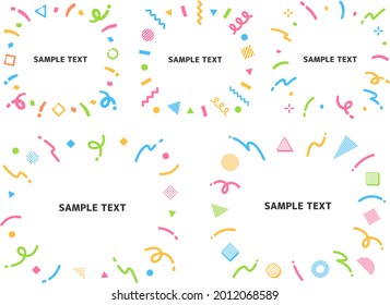 Set of frame illustrations with colorful geometric shape icons, confetti, and line ornaments sprinkled in a radial pattern