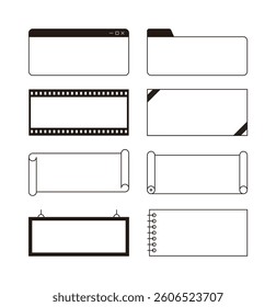 Set of frame illustrations in minimalist lines. Shapes of notes, paper, film, signboard, memo, browser, and folder.
