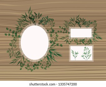 set of frame with laurel leafs wooden background