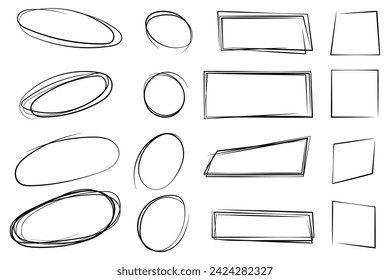 Set of frame line doodle style. Hand drawn, scribble, vignetting, square circle frame collection. Vector illustration