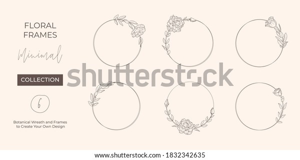 Set frame of Lisianthus Flowers and branches. Round\
icon in a trendy minimalistic linear style. Vector Floral logo.\
Template for cosmetics logo, beauty Studio, hair salon, handmade,\
spa