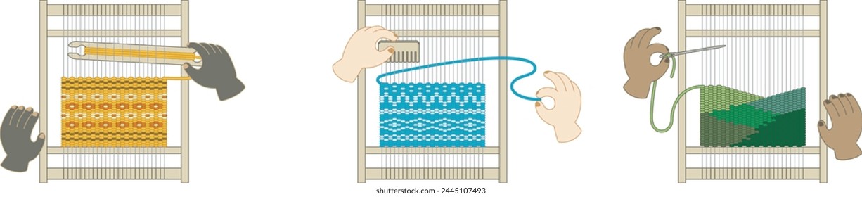 Conjunto de telares de marco en el proceso de ser tejido. Diferentes estilos de tejido de tapicería. Ilustración vectorial.