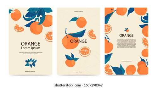 Set frame of oranges on branches with copy space in flat style. Template with citrus fruits for your brochure design, banner, labels. Vector stock illustration