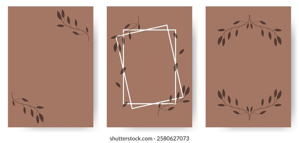 Set of frame posters decorated with leaves on elegant branches. Vector templates on trendy color.