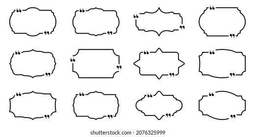 Juego de marcos para el icono de comillas. Cuadros de texto para voz, charla, referencia, comentario. Burbuja de plantilla para signo de cotización. Plaza de citas con fronteras. Ilustración de vectores aislados.
