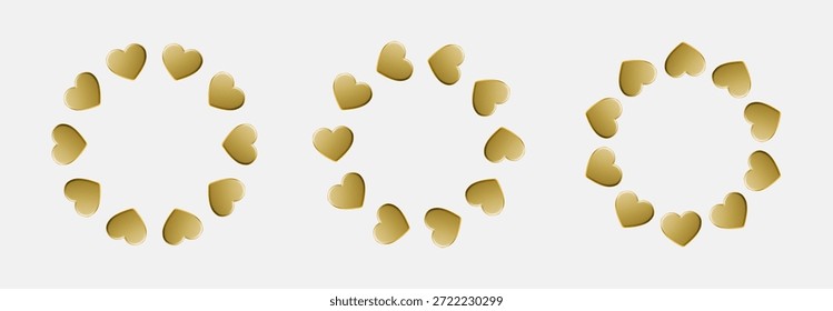 Set frame Realistic gold heart shape with shiny surface and elegant, ideal for Valentine's greeting cards, romantic posters, and February celebration graphics.