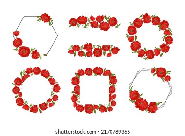 Set of frame with red poppies isolated on white background. Floral wreath. Vector Illustration.	