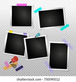 Set frame retro photo on transparent isolated background. Vintage Horizontal blank old photography. Square picture frame with adhesive tape. Vector